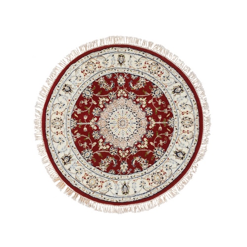 Cherry Red, Hand Knotted Nain with Center Medallion Flower Design, 250 KPSI Pure Wool, Round Oriental Rug