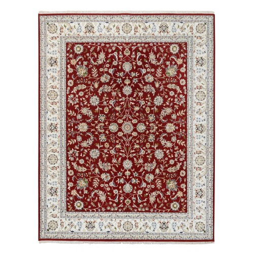 Cherry Red, Pure Wool Hand Knotted, Nain with All Over Flower Design 250 KPSI, Oriental Rug