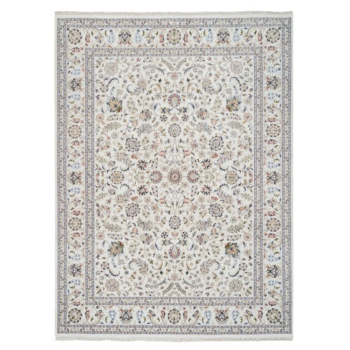 Ivory, Wool and Silk, Nain with All Over Design, Hand Knotted, 250 KPSI, Oriental Rug