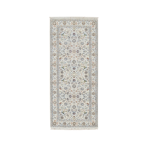 Ivory, 250 KPSI, Hand Knotted Nain with All Over Flower Design, Wool, Runner, Oriental Rug