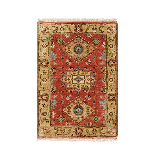 Red-Gold, Organic Wool, Hand Knotted, Karajeh Design with Geometric Medallions, Oriental Rug