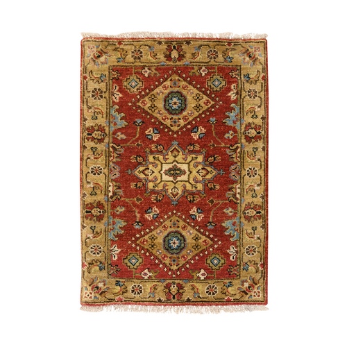 Red-Gold, Karajeh Design, with Geometric Medallions Design, Hand Knotted, Pure Wool, Oriental Rug