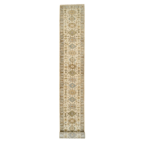 Ivory and Gray, Hand Knotted Karajeh Design Tribal Medallions, Extra Soft Wool, XL Runner Oriental Rug