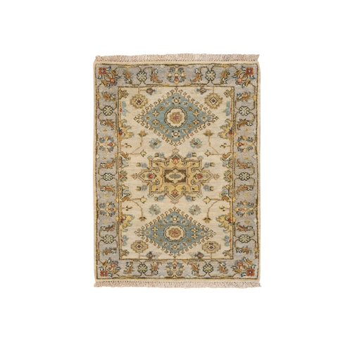Ivory and Gray, Pure Wool Hand Knotted, Karajeh Design with Tribal Medallions, Mat Oriental Rug