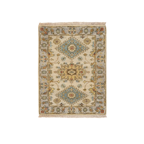 Ivory and Gray, Karajeh Design with Tribal Medallions, Organic Wool Hand Knotted, Mat Oriental Rug