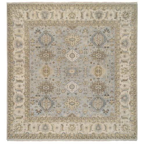Gray-Ivory, Hand Knotted, Karajeh Design with Geometric Medallion Design, Soft Organic Wool, Square, Oriental 