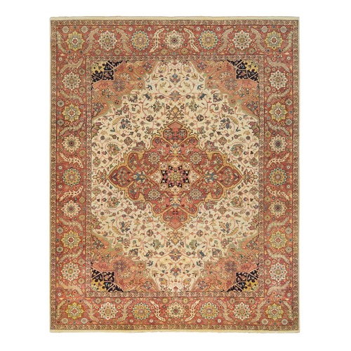 Ivory, Antiqued Fine Heriz Re-Creation, Densely Woven Natural Dyes, Pure Wool Hand Knotted, Oriental Rug