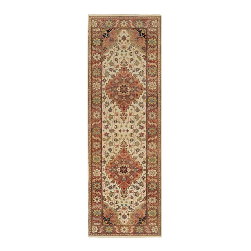 Ivory, Hand Knotted Antiqued Fine Heriz, Re-Creation Densely Woven, Natural Dyes Soft Wool, Runner Oriental Rug
