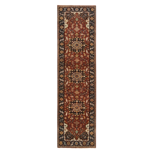 Rust Red, Antiqued Heriz Sarouk Design Re-Creation, Densely Woven Natural Dyes, Pure Wool Hand Knotted, Runner Oriental Rug