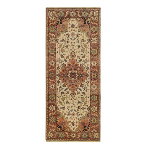 Ivory, Natural Dyes Organic Wool, Hand Knotted Antiqued Fine Heriz, Re-Creation Densely Woven, Runner Oriental Rug