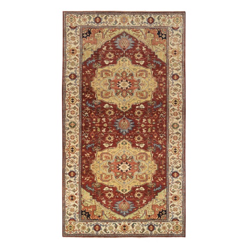 Terracotta Red, Hand Knotted Antiqued Fine Heriz Re-Creation Densely Woven, Natural Dyes Hand Spun Wool, Gallery Size Runner Oriental Rug