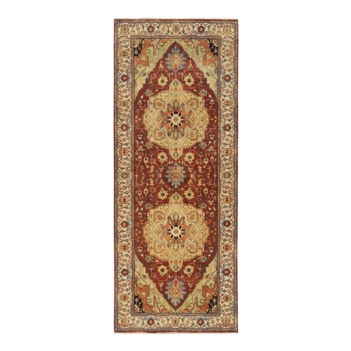 Terracotta Red, Natural Dyes Hand Spun Wool, Hand Knotted Antiqued Fine Heriz Re-Creation Densely Woven, Wide Runner Oriental Rug
