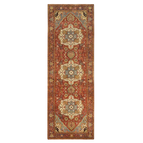 Terracotta Red, Densely Woven Natural Dyes, Soft Wool Hand Knotted, Antiqued Fine Heriz Re-Creation, Wide Runner Oriental Rug