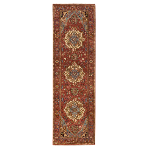 Terracotta Red, Antiqued Fine Heriz Re-Creation, Densely Woven Natural Dyes, Soft Wool Hand Knotted, Runner Oriental Rug