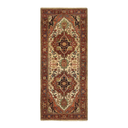 Ivory, Organic Wool Hand Knotted, Antiqued Fine Heriz Re-Creation, Runner Oriental Rug