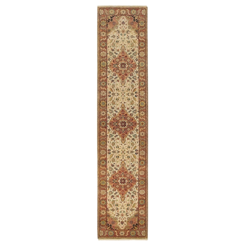 Ivory, Densely Woven Natural Dyes, Pure Wool Hand Knotted, Antiqued Fine Heriz Re-Creation, Runner Oriental Rug