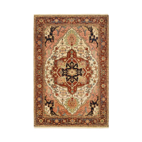Ivory, Re-Creation Pure Wool, Hand Knotted Antiqued Fine Heriz, Oriental Rug