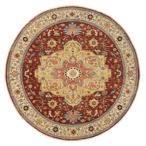Terracotta Red, Densely Woven Natural Dyes, Hand Spun Wool Hand Knotted, Antiqued Fine Heriz Re-Creation, Round Oriental Rug
