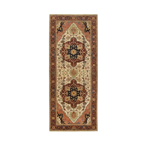 Ivory, Antiqued Fine Heriz Re-Creation, Soft Wool Hand Knotted, Wide Runner Oriental Rug