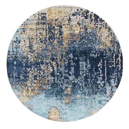 Denim Blue with Mix of Gold, Modern Mosaic Design, Wool and Silk Hand Knotted, Round Oriental 