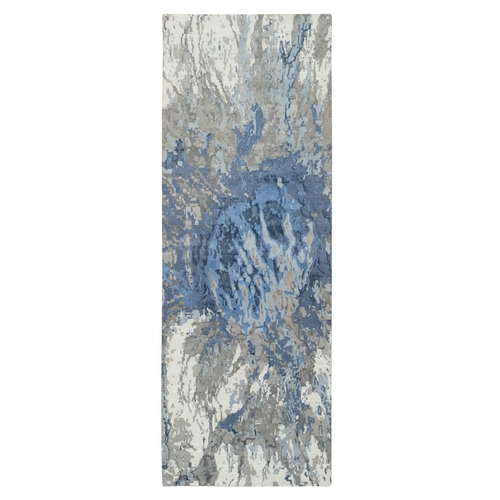 Blue, Modern Abstract Design Hi-low Pile, Wool and Silk Hand Knotted, Wide Runner Oriental Rug