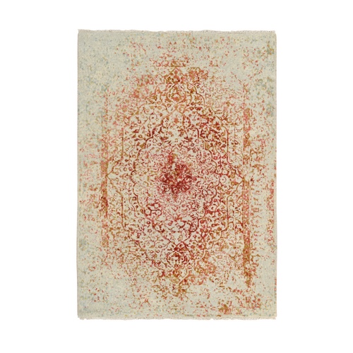 Ivory and Red, Hand Knotted Persian Erased Medallion Design, Wool and Pure Silk, Oriental Rug