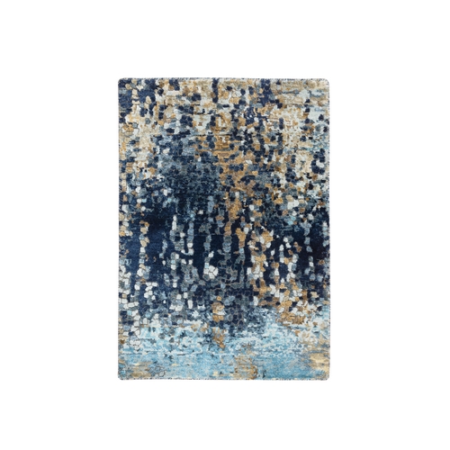 Denim Blue, Hand Knotted Mosaic Design with Mix of Gold, Wool and Silk, Mat Oriental Rug