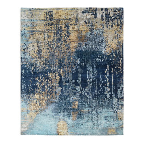 Denim Blue Hand Knotted Mosaic Design with Mix of Gold, Wool and Silk, Oriental Rug