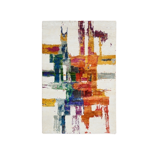 Colorful, Modern Abstract Motifs Painter's Brush Strokes, Wool and Sari Silk, Hand Knotted, Oriental Rug