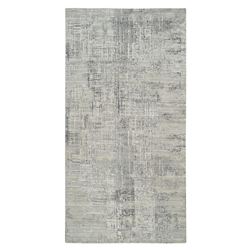 Light Gray, Hand Spun Undyed Natural Wool, Hand Knotted, Modern Design, Gallery Size Runner Oriental Rug