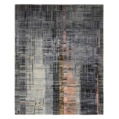 Black and Gray, Ghazni Wool and Silk Modern Colorful Stripe Design, Hand Knotted, Oriental Rug