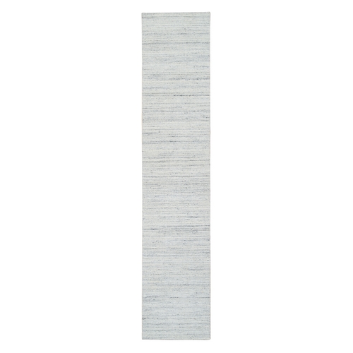 Ivory, Hand Loomed Plain Modern Striped Design, Soft Pile Natural Wool, Runner Oriental Rug
