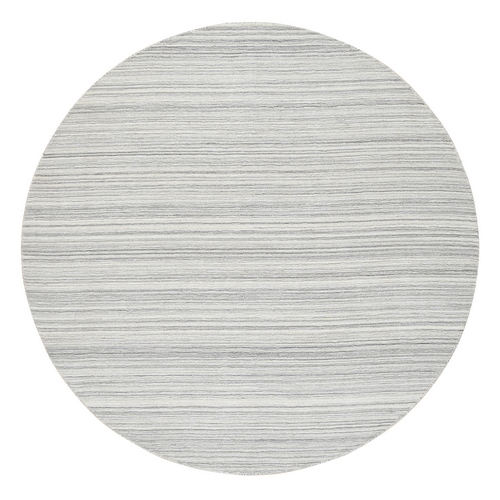 Platinum Gray and Cream, Modern Design Thick and Plush, Plain Hand Loomed Undyed Natural Wool, Round Oriental Rug