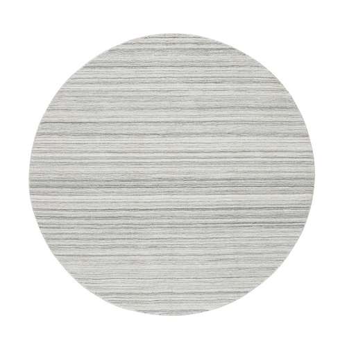 Platinum Gray and Cream, Plain Hand Loomed Undyed Natural Wool, Modern Design Thick and Plush, Round Oriental Rug