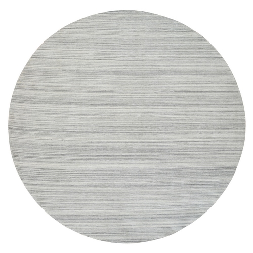 Platinum Gray and Cream, Plain Hand Loomed Undyed Natural Wool, Modern Design Thick and Plush, Round Oriental 