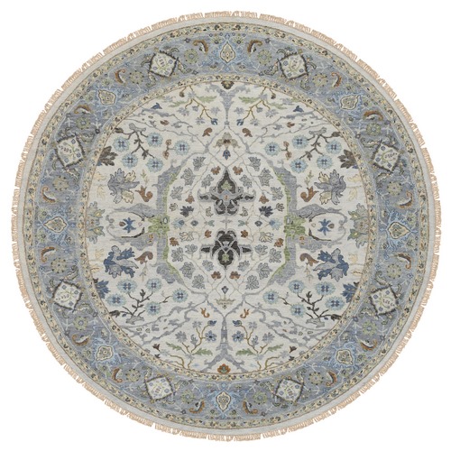 Light Gray, Hand Knotted Oushak with Floral Design, Denser Weave Soft Wool, Round Oriental Rug