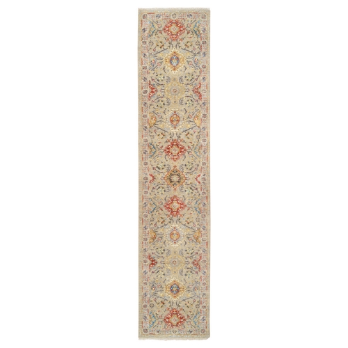 Beige, THE SUNSET ROSETTES with Soft Colors, Wool and Pure Silk Hand Knotted, Runner Oriental Rug