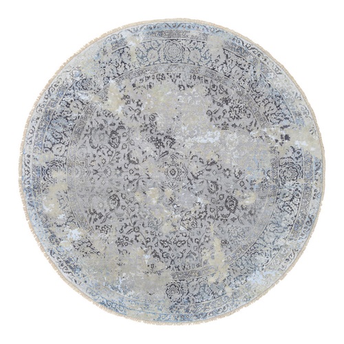 Gray and Blue, Broken Kashan Design, Wool With Pure Silk Hand Knotted, Round Oriental Rug