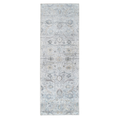 Ivory and Blue, Hand Knotted Sickle Leaf Design, Soft Pile Silk with Textured Wool, Wide Runner Oriental Rug