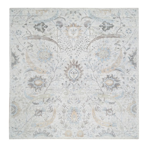 Ivory and Blue, Hand Knotted Sickle Leaf Design, Soft Pile Silk with Textured Wool, Square Oriental Rug