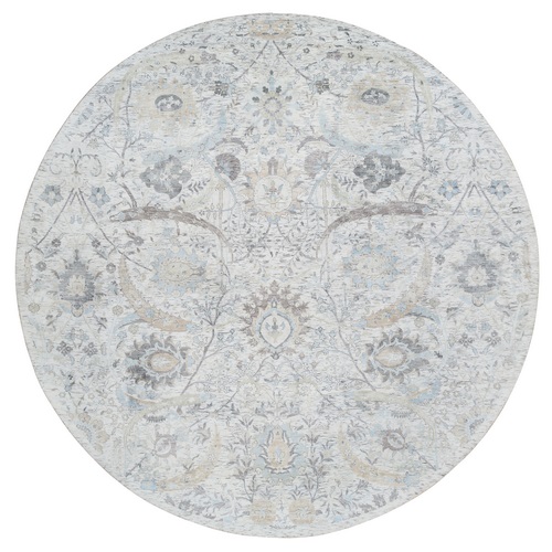 Ivory and Blue, Silk with Textured Wool Hand Knotted, Sickle Leaf Design Soft Pile, Round Oriental Rug