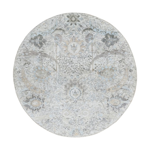 Ivory and Blue, Soft Pile Silk with Textured Wool, Hand Knotted Sickle Leaf Design, Round Oriental Rug
