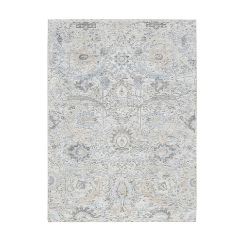 Ivory and Blue, Silk with Textured Wool Hand Knotted, Sickle Leaf Design Soft Pile, Oriental Rug