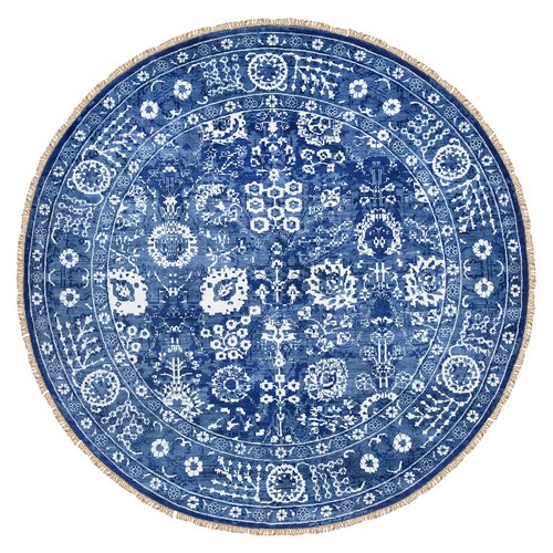 Denim Blue, Wool and Silk Hand Knotted, Tabriz with All Over Motifs Tone on Tone, Round Oriental Rug