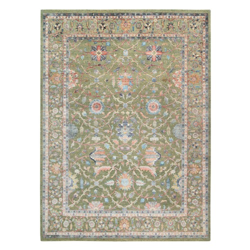 Spring Green, Mahal Design, Silk with Textured Wool Hand Knotted, Oriental Rug