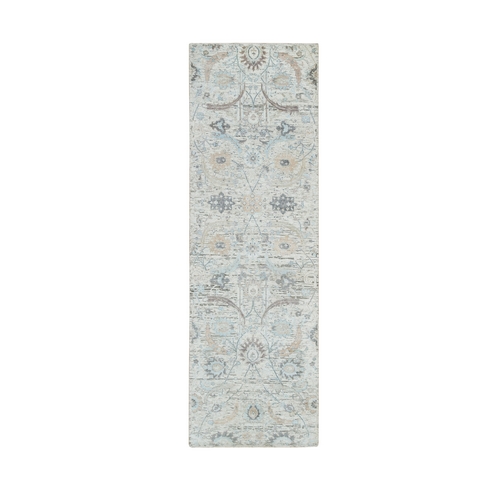 Ivory, Silk With Textured Wool Hand Knotted, Sickle Leaf Design Soft Pile, Runner Oriental Rug