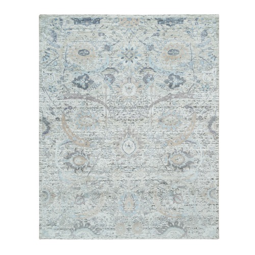 Ivory, Sickle Leaf Design Soft Pile, Silk With Textured Wool Hand Knotted, Oriental Rug