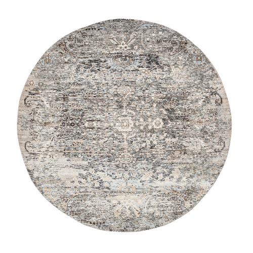 Gray, Modern Transitional Persian Influence Erased Medallion Design, Silk With Textured Wool Hand Knotted, Round Oriental Rug