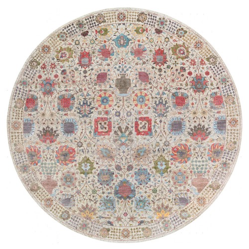 Colorful, Tabriz Vase With Flower Design, Silk With Textured Wool Hand Knotted, Round Oriental Rug
