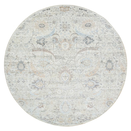 Ivory, Silk With Textured Wool Hand Knotted, Sickle Leaf Design Soft Pile, Round Oriental Rug